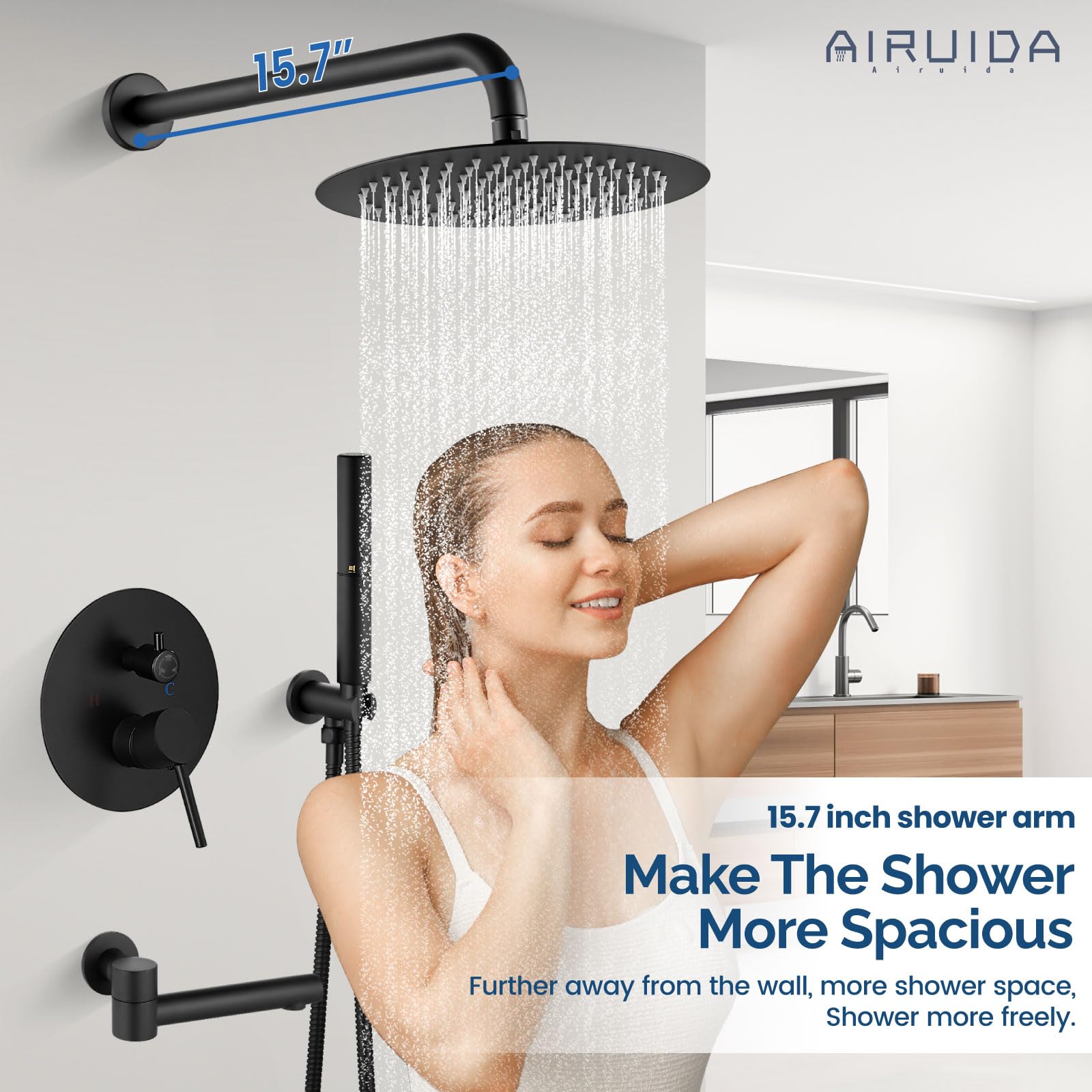 Airuida System prysznicowy z wylewką wanną 3-funkcyjny zestaw baterii prysznicowych okrągła wanna z opadami deszczu i bateria prysznicowa Combo z zaworem zgrubnym 2 funkcje ręczny spray 25 cm głowica