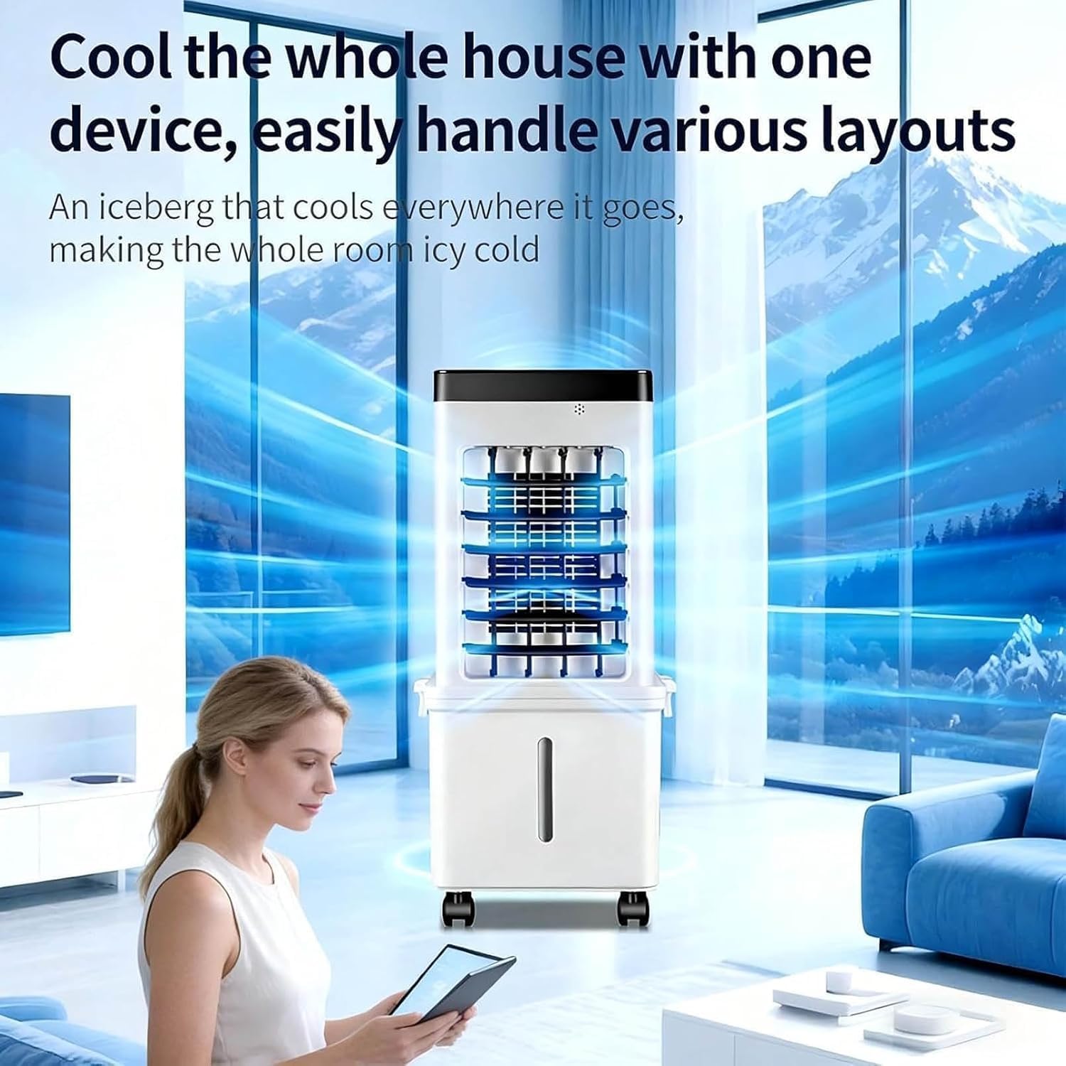 Climatiseur portable 3 en 1 et humidificateur d'air refroidi à l'eau, Climatiseur Mobile Sans Évacuation, réservoir d'eau de 15L,Réservoir d'eau Amovible Télécommande Refroidisseur d'air Climatisation