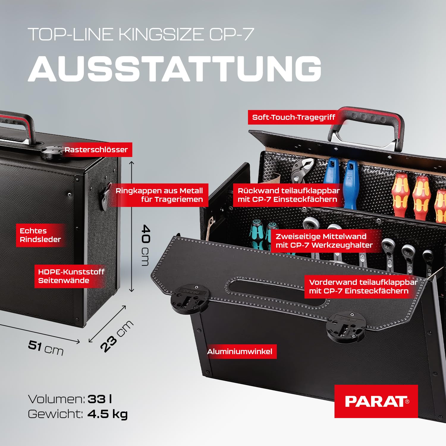 PARAT TOP-LINE KingSize CP-7 leere Werkzeugtasche 30 L | Große Ledertasche mit 4 CP-7 Haltern für bis zu 73 Werkzeuge | Profi Werkzeugtasche aus Leder & Con-Pearl® | Viel Stauraum