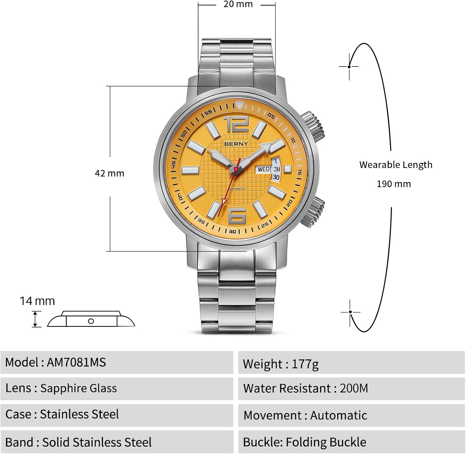 BERNY Automatic Mechanical Dive Watch for Men Self Winding Sport Stainless Steel Strap Wristwatches Waterproof 20ATM Sapphire Glass Scratch Resistant Super Luminous-No Battery Required