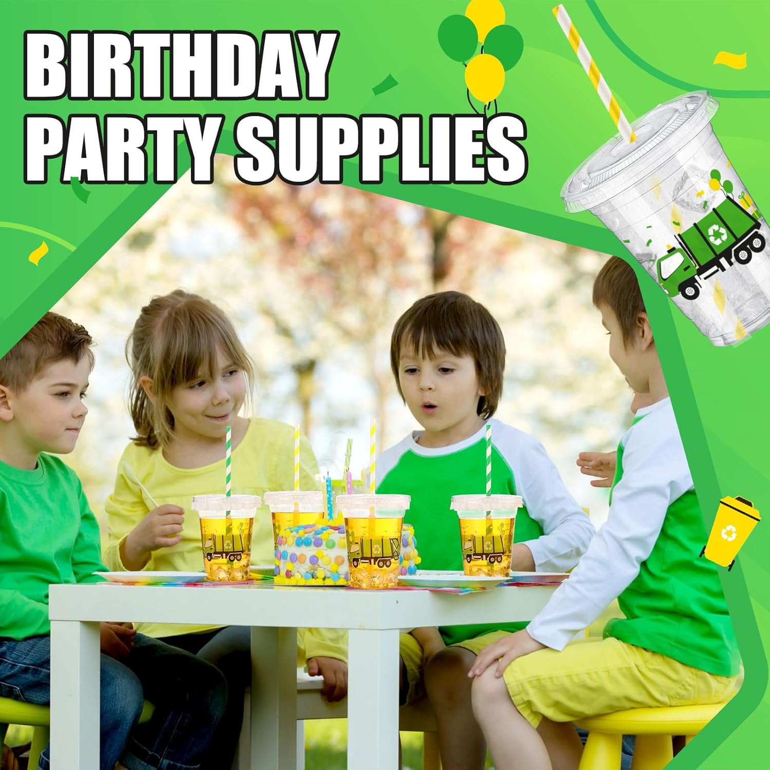 Domensi 50 Pcs Garbage Truck Birthday Party Plastic Cup 12 oz Garbage Car Thick Clear Cup Truck Mugs Trash Car Birthday Table Decorations Party Favor car Design