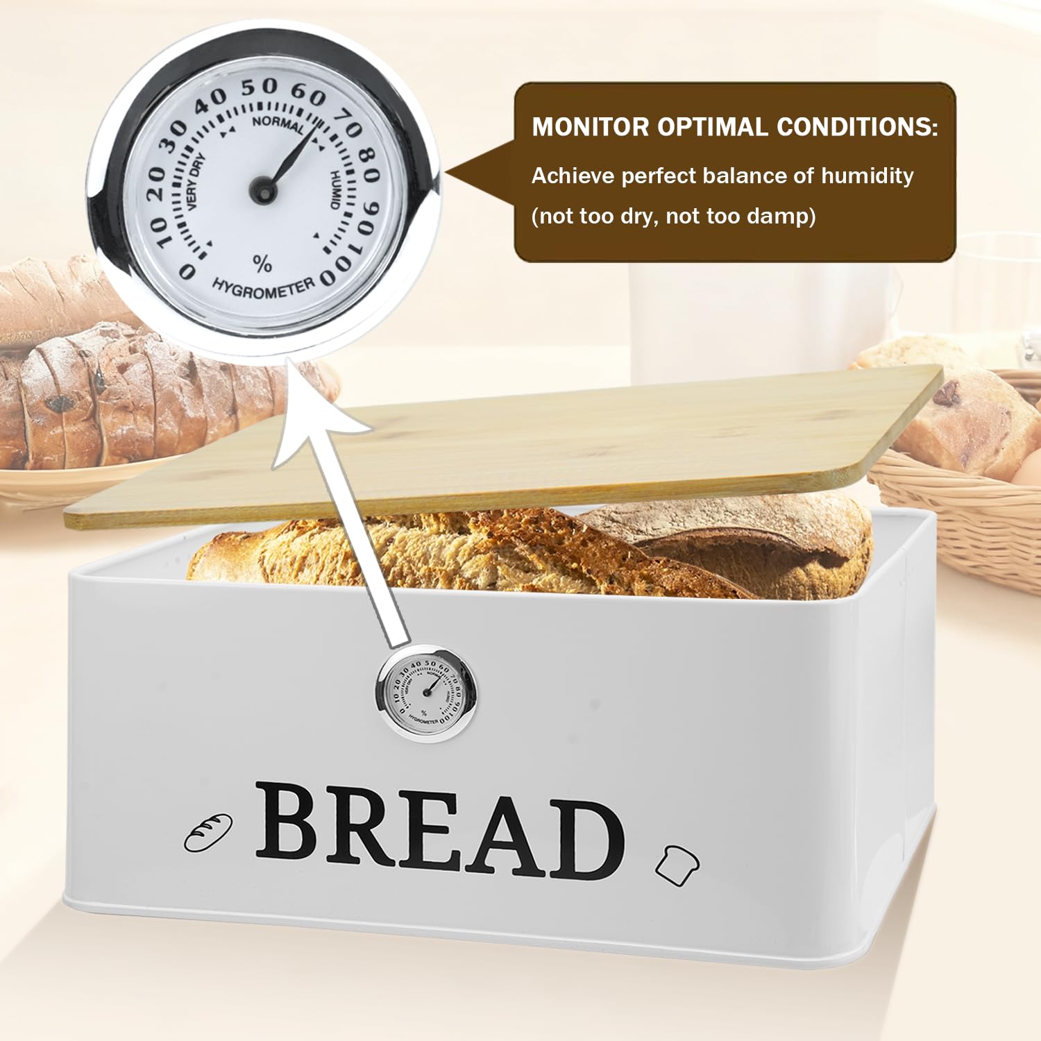 Boîte à Pain pour Plan de Travail - Organisateur de Cuisine avec Couvercle Bambou/Hygromètre - Conteneur de Rangement pour Pain au Levain, Pains et Baguettes - Planche à Découpe Intégrée - Blanc
