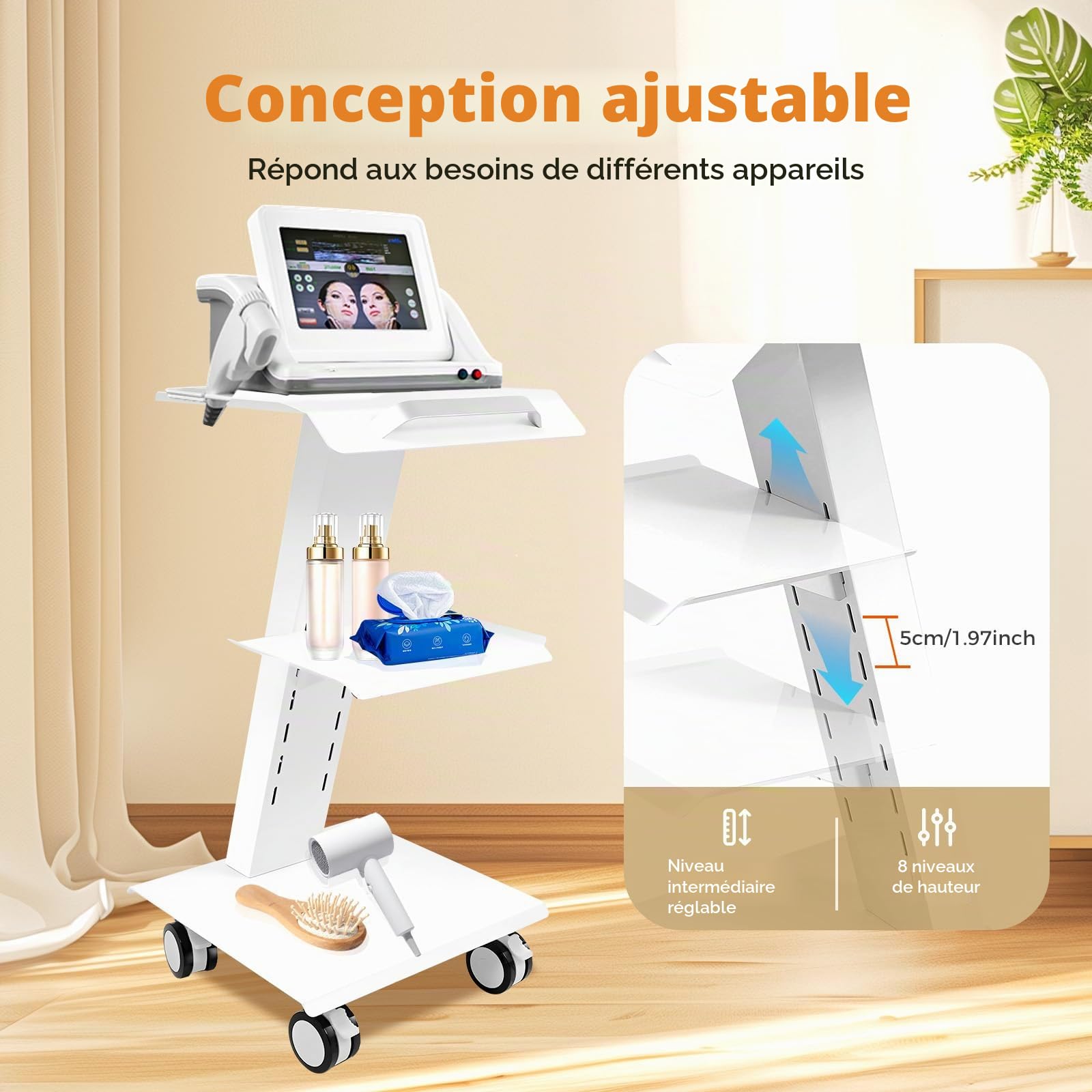 Chariot à outils médicaux - Chariot pour appareils dentaires - Chariot portable avec prise de courant confortable - Chariot de clinique à roulettes avec plateau pour instruments