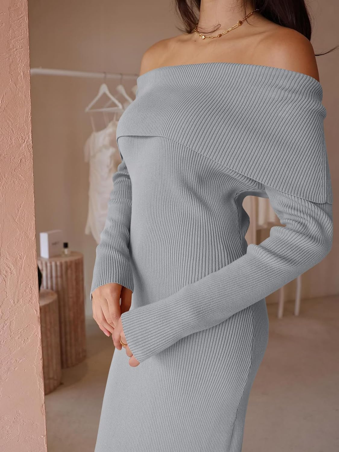 Wenrine Womens Off The Shoulder Bodycon Sweater Dress 2026 Elegant Long Sleeve Cocktail Party Midi Maxi Dresses - Image 6
