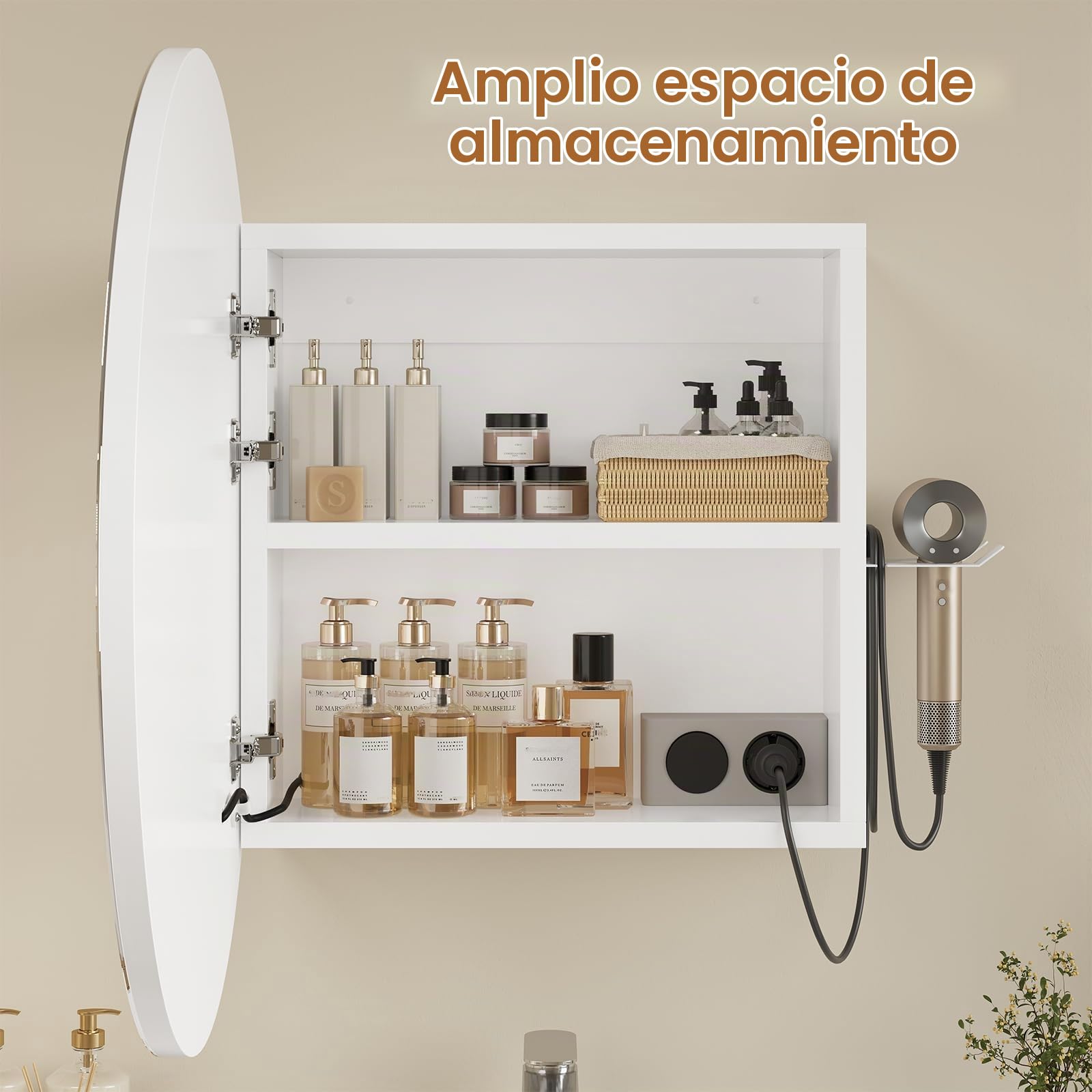 KIMENICH Mueble Espejo Baño Redondo LED con Sensor de Luz, Armario Espejo con 3 Tonos de Luz, Soporte Secador y Enchufe Integrado, Mueble Baño Moderno con Iluminación Ajustable