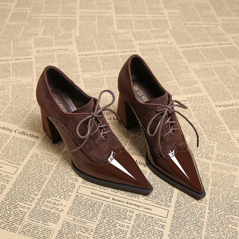 Women's Chunky Heel Pumps Pumps Pointed Toe Brogue Lace Up High Heels Spring New Shoes British Style Comfortable Dress Shoes for Work,Party & Dating (Black,Burgundy) 8cm