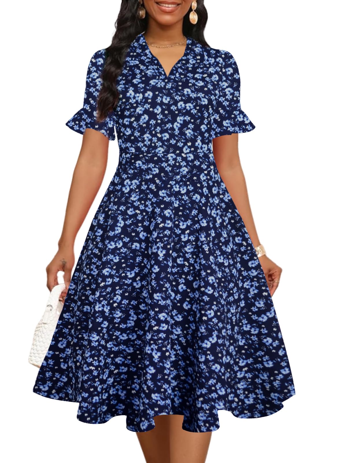 Mokayee Womens Summer Ruffle Sleeve Collared V Neck Fit and Flare Elegant A line Swing Dresses with Pockets
