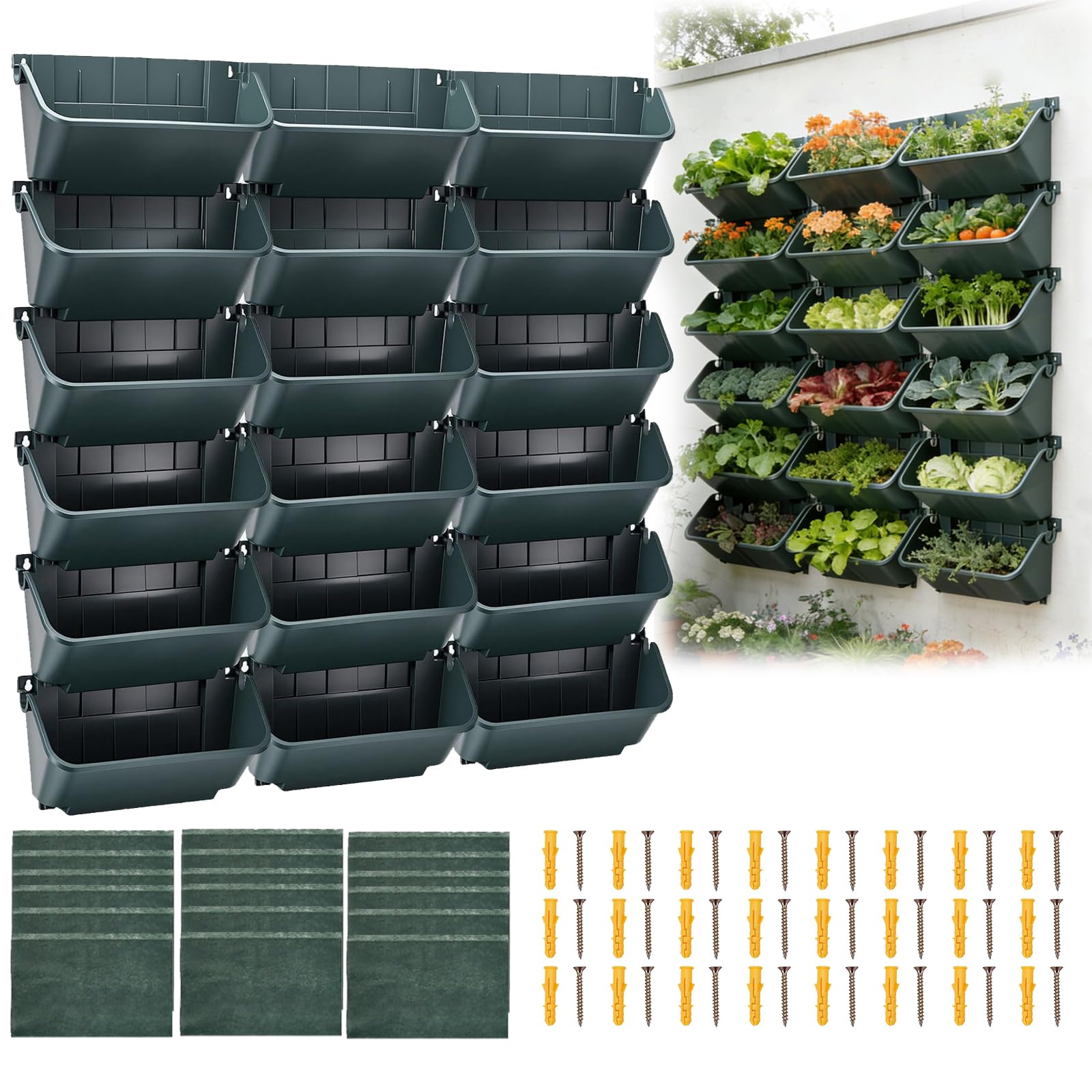 Jardin Vertical, Tour à Plantes avec Poches Suspendues Et 18 Pots Jardinière Murale Verticale Système Culture pour Herbes Fruits Légumes Et Fleurs Mur Végétal Intérieur Et Extérieur (Vert)