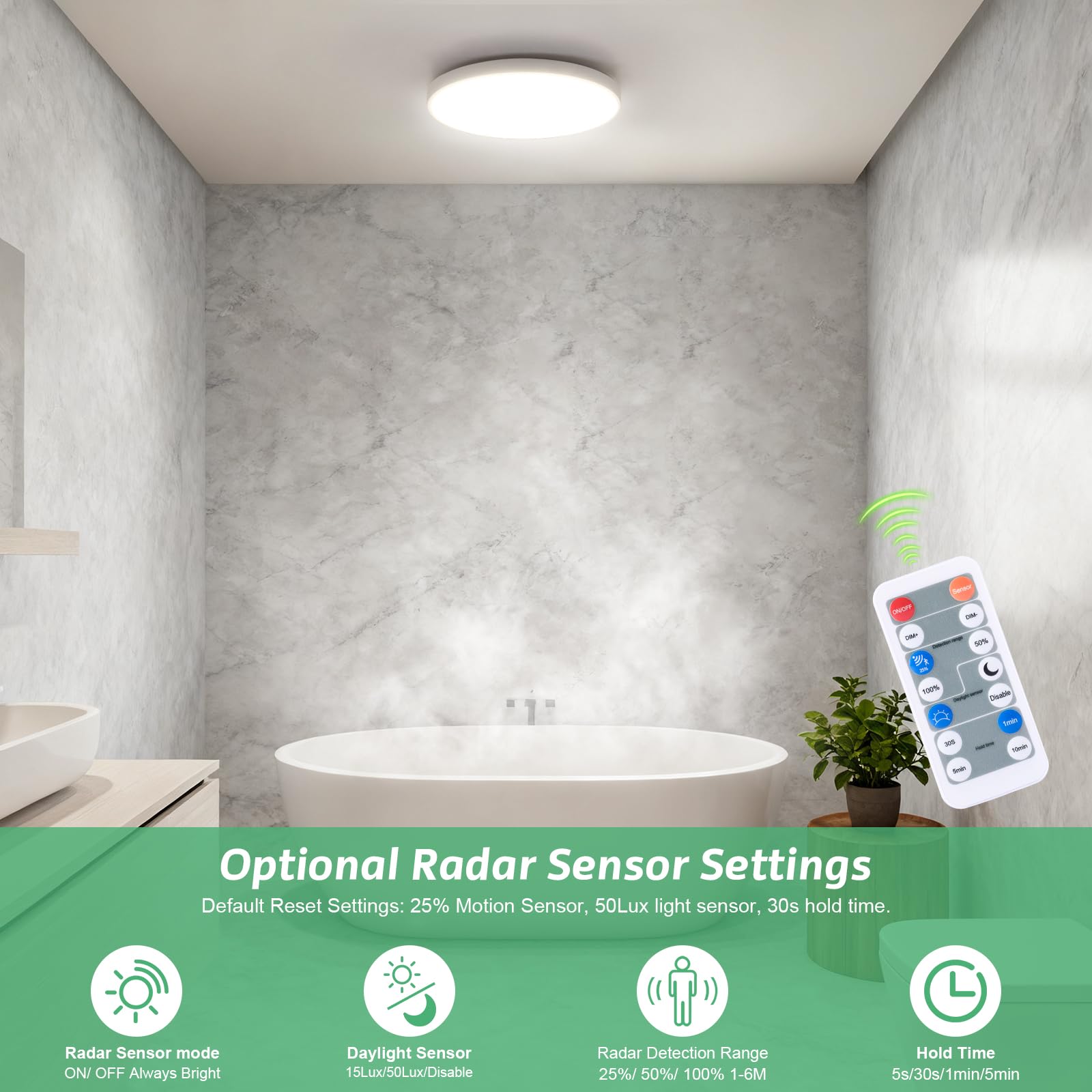 4 Stücke LED Deckenleuchte mit Bewegungssensor Innen,18W Dimmbar Deckenlampe Panel IP54 4000K mit Radar Bewegungsmelder und Fernbedienung, Flach Sensor Licht für Keller,Flur,Bad,Treppe, Rund Weiß 23cm
