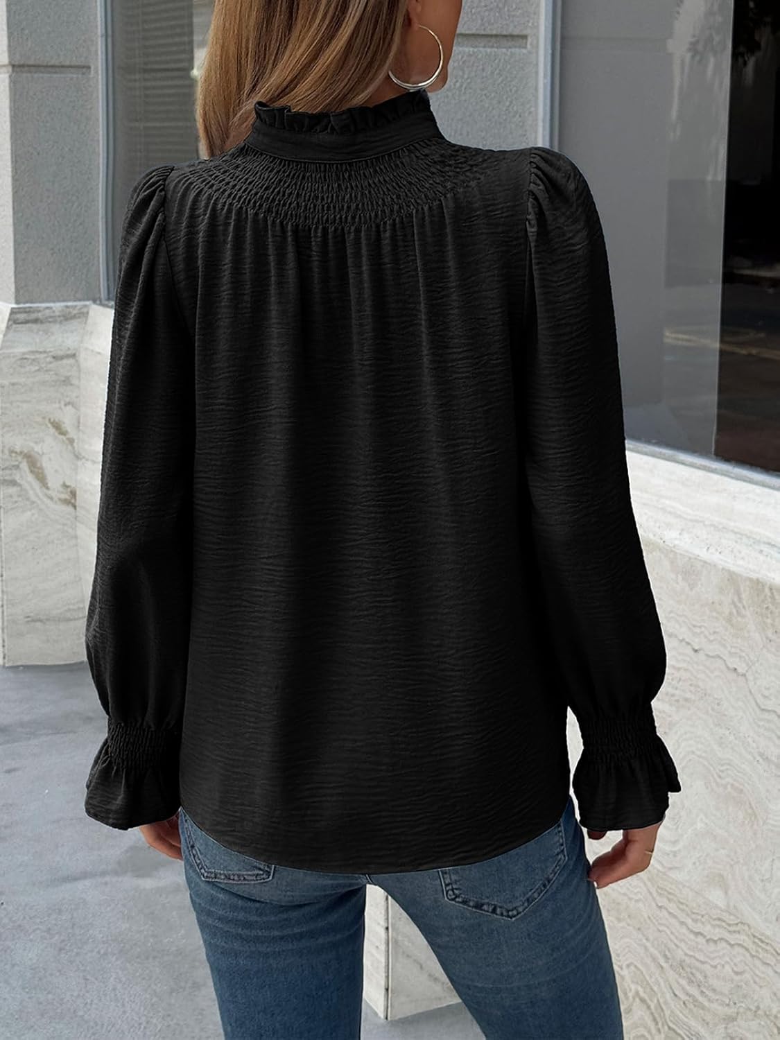 Tankaneo Womens Puff Long Sleeve Button Down Shirts Ruffle Mock Neck Blouses Dressy Casual Loose Fit Tops - Image 6