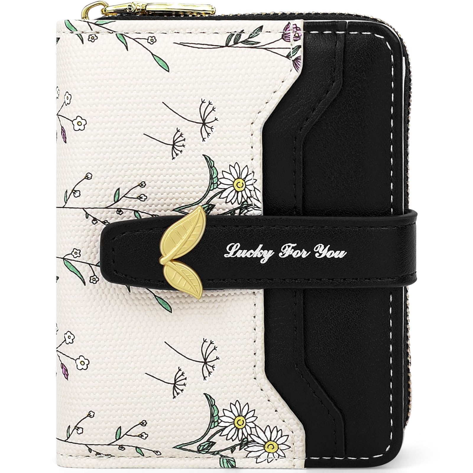 Farcauo Damen Portemonnaie Geldbörsen Frauen Kleine mit Schwarz Blumen Design für Frauen Klein Geldbörsen Damen mit Ausweisfach und Kartenhüllen