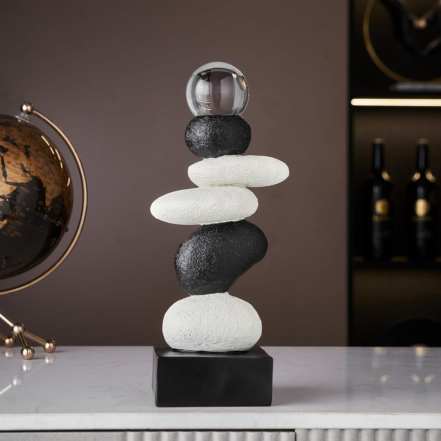 FJS Modern Fake Stone Sculpture Decor for Living Room, Black and White Stacked Statue for Coffee Table Centerpiece, Resin Sculptures for TV Stand Shelf Bookshelf Decorations, Gifts for Good Luck
