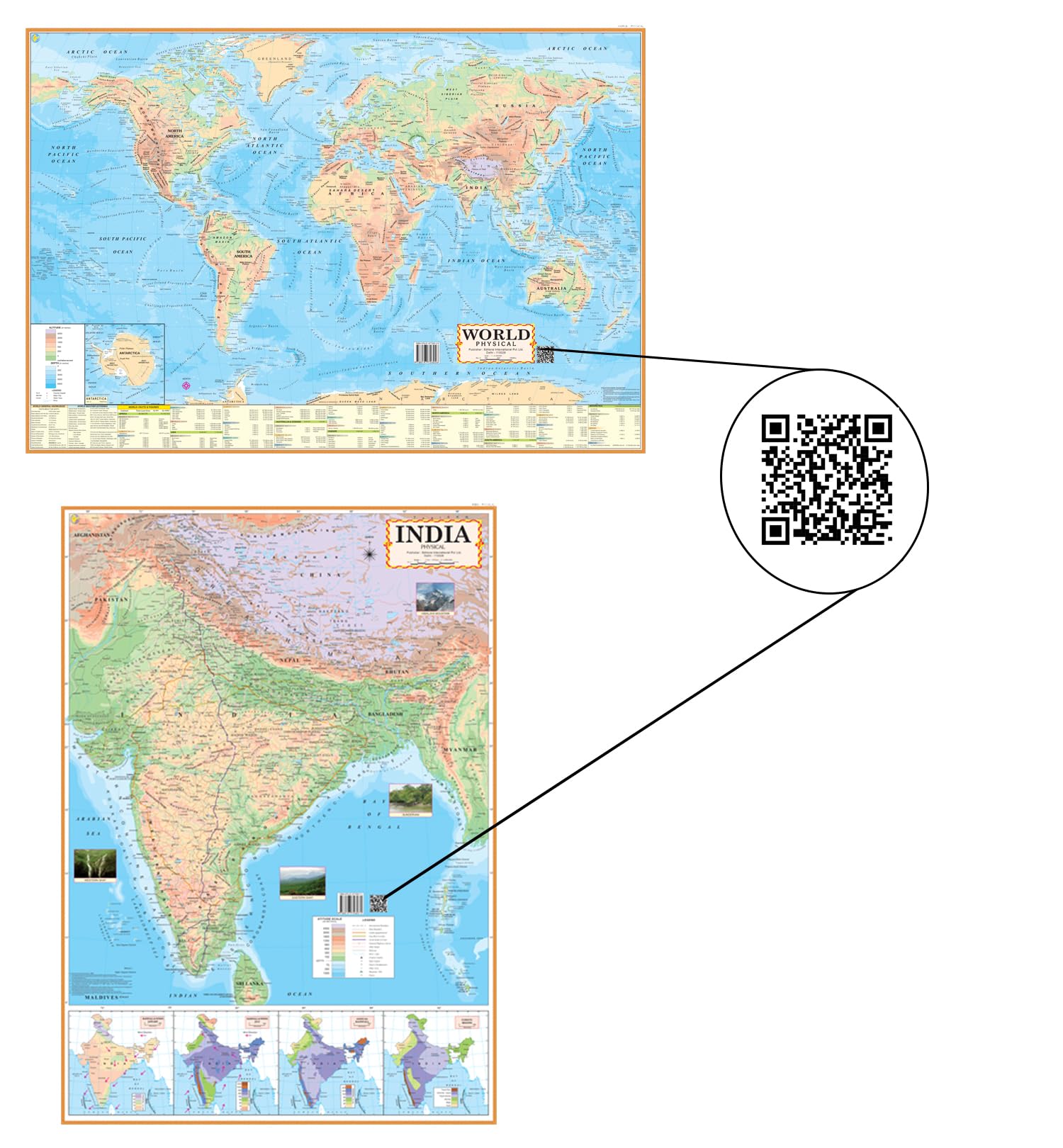 Editone International India Physical & World Physical Map for Wall with QR Code | Competitive Exam Preparation for UPSC, IAS, IPS, (40 x 27 inch) (English)