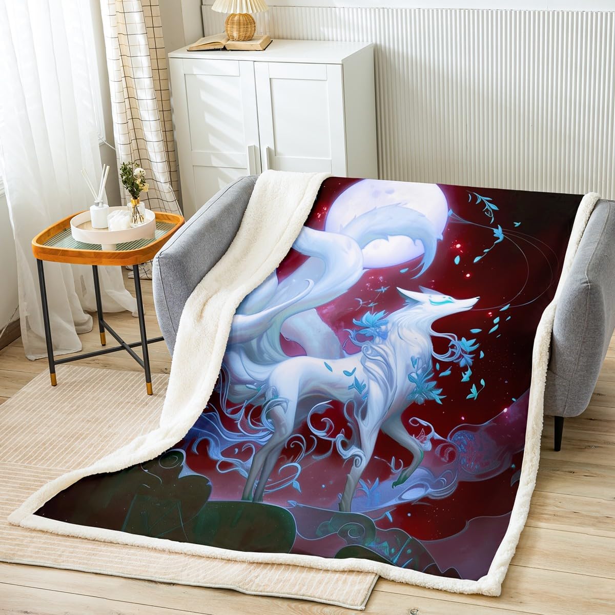 Japanese Ukiyoe Throw Blanket,Fox Cherry Blossom Fleece Blanket,Kids Boys Adults Girls Room Decor,Moon Night Starry Sky Fuzzy Blanket Exotic Animals Romantic Sherpa Blanket,for Chair/Sofa,90"×90"