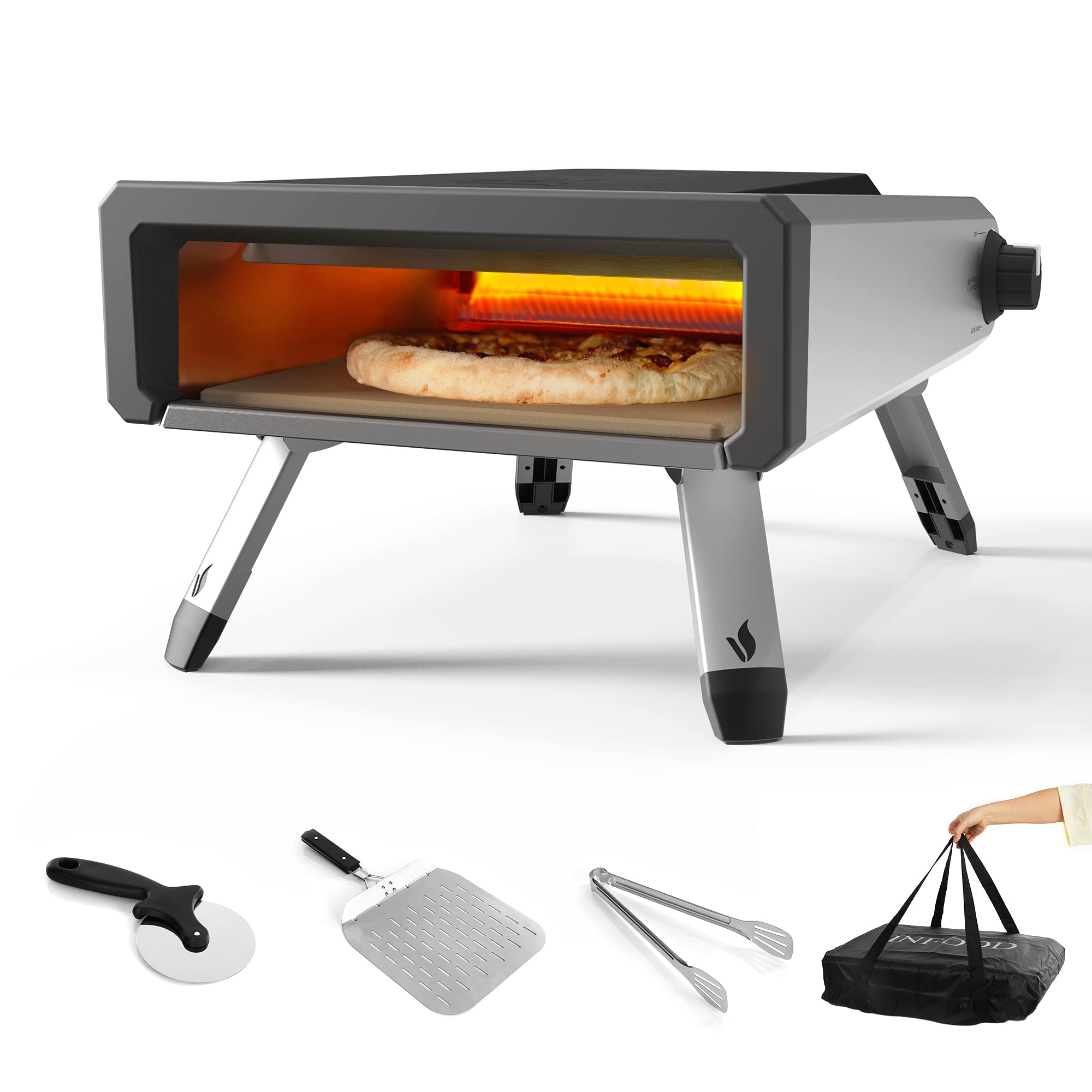 Gas Pizza Oven Outdoor, INFOOD Propane Gas-fired Oven Portable Lightweight Pizza Maker- Foldable Legs, Pizza Peel, Pizza Wheel, Cover Bag for Travel, Camping, Picnic, Hiking, Outside
