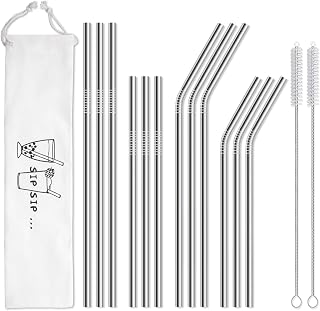 HIWARE 12-Pack Reusable Stainless Steel Straws with Case & Brushes - Fits 20oz/30oz Tumblers, Dishwasher Safe