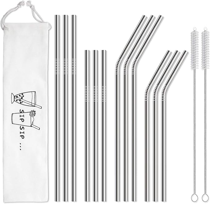 Hiware 12-Pack Reusable Stainless Steel Metal Straws with Case - Long Drinking Straws for 30 oz and 20 oz Tumblers Dishwasher Safe - 2 Cleaning Brushes Included