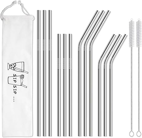 Hiware 12-Pack Reusable Stainless Steel Metal Straws with Case -