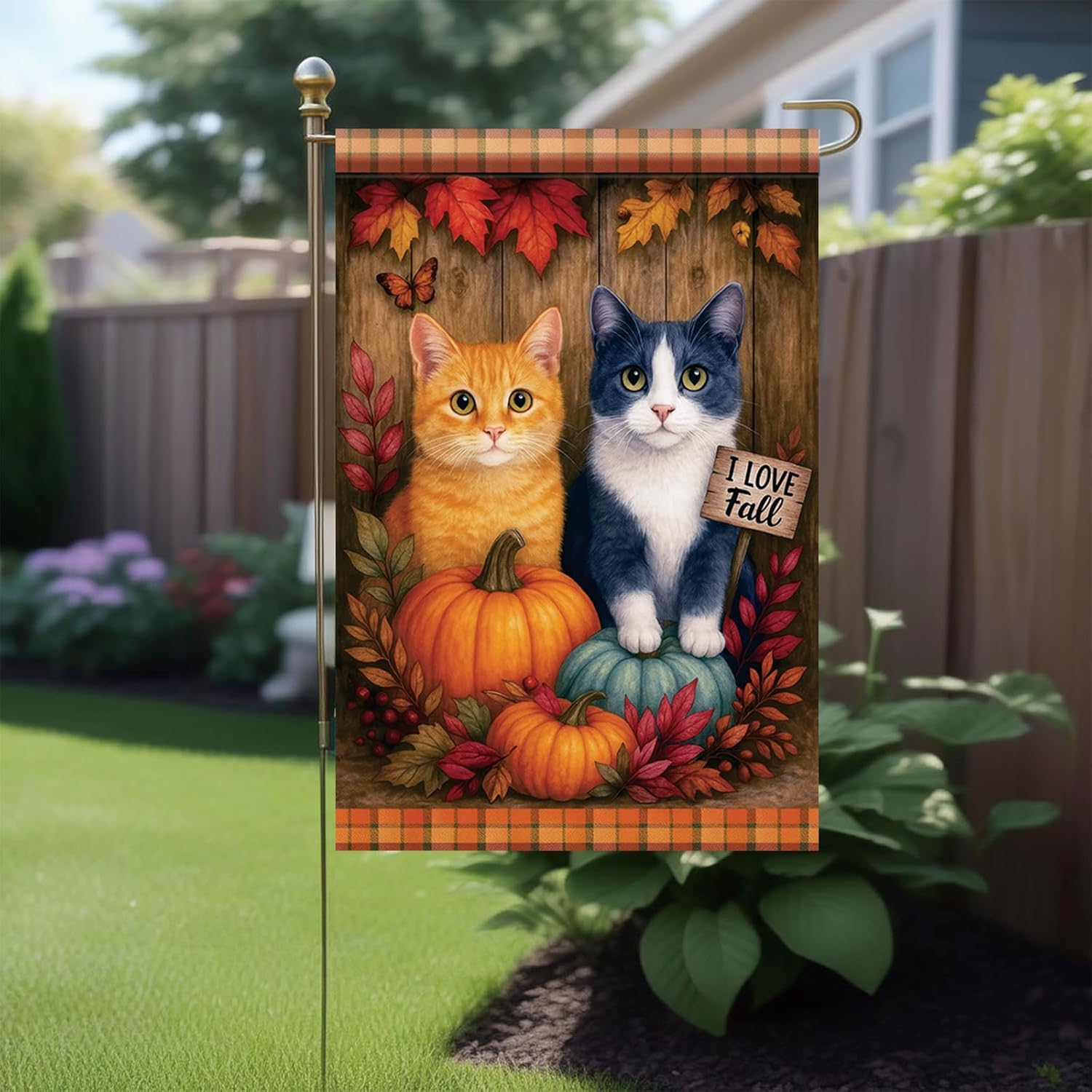 Thanksgiving Fall Garden Flag Orange Tabby and Gray Cat Flag 12x18 Inch Double-Sided Pumpkin Leaf Plaid Yard Banner Autumn Outdoor Decor for Porch Lawn Pathway Cat Lover Gift - Image 2