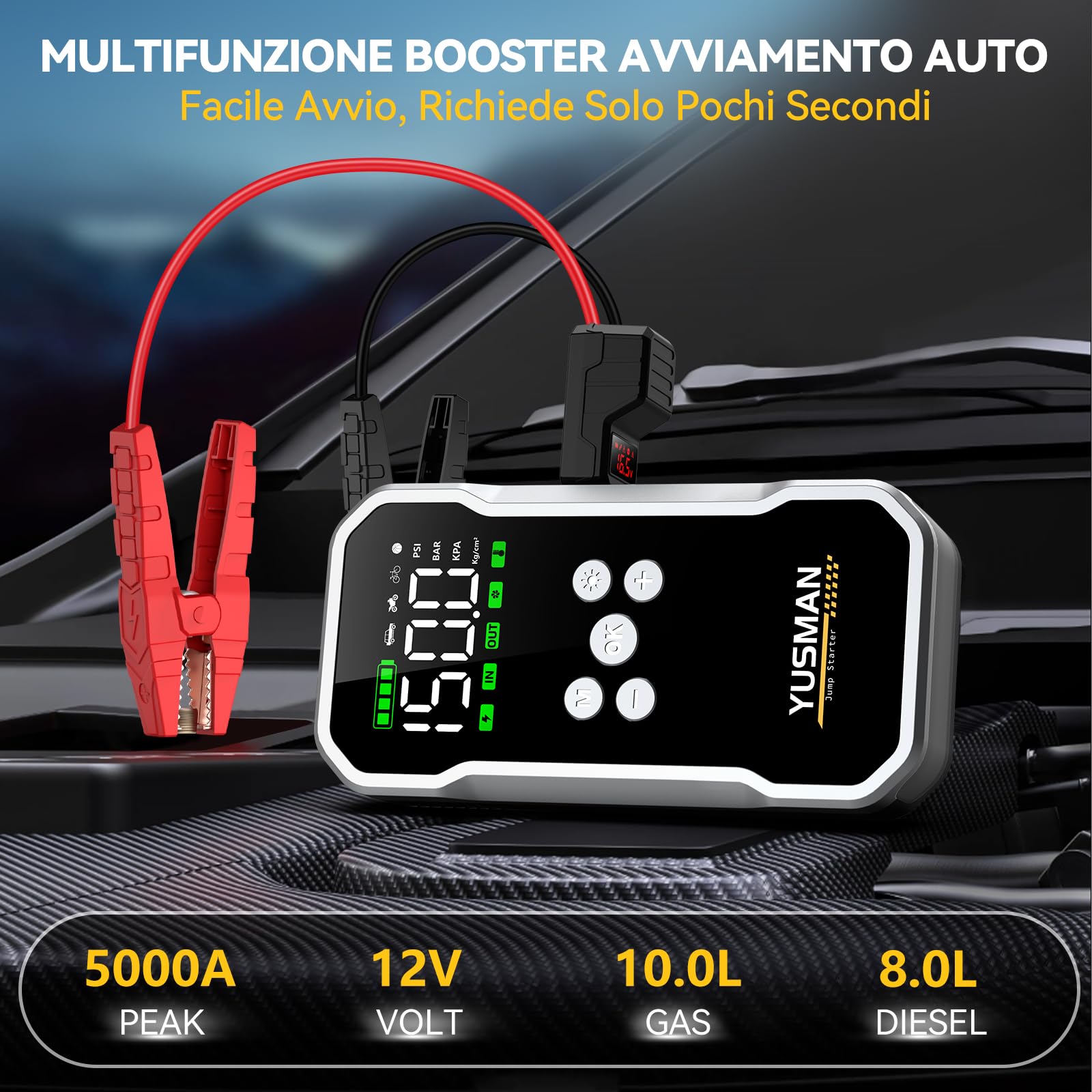 YUSMAN Avviatore Batteria Auto - 5000A, Booster Avviatore Auto con Compressore 150PSI (per 12V 10.0L GAS e 8.0L DIESEL), Jump Starter 5V/3A, Avviatore Emergenza Auto USB, LED,Starter Batteria Auto LCD