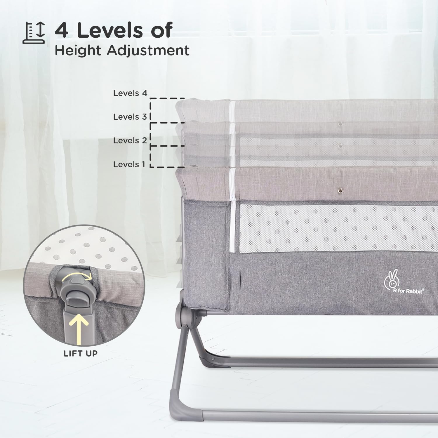 R for Rabbit Hop A Little Baby Cot Bedside Bassinet for Kids | 4 Level Height Adjustment Crib with Breathable Mesh for 0 to 12 Months Infant Weight Capacity Upto 20kgs (Dark Grey) 2