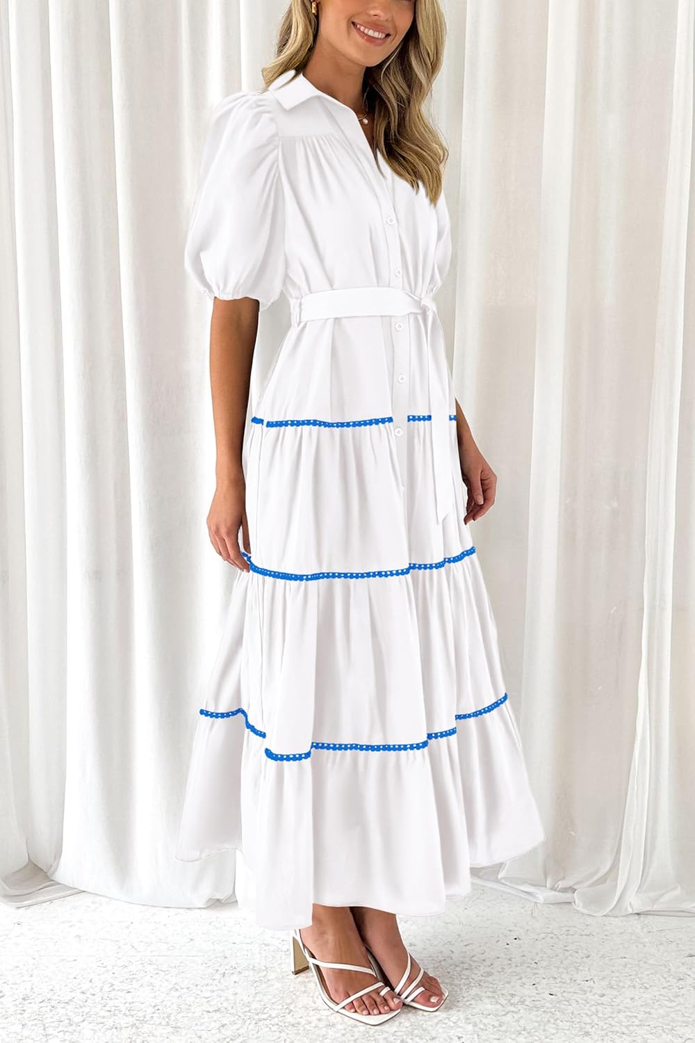 PRETTYGARDEN Women's Summer Button Down Shirt Dress Short Puffy Sleeve Tiered Ruffle Flowy Long Maxi Dresses - Image 5