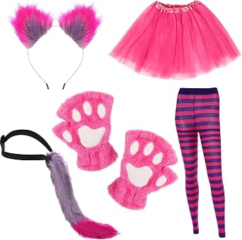 Suhine 5 Pcs Halloween Pink Purple Striped Cat Costume Include Cat Ears Tail Striped Legging Tutu Skirt Gloves for Girl Women