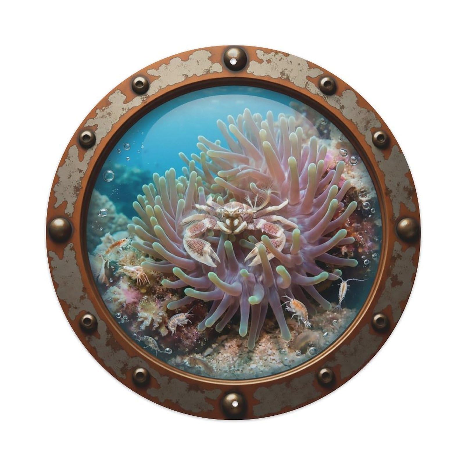 Odgynaw 8X8inch(20X20cm) Vintage Porthole Porcelain Crab Nautical Window View Metal Tin Sign