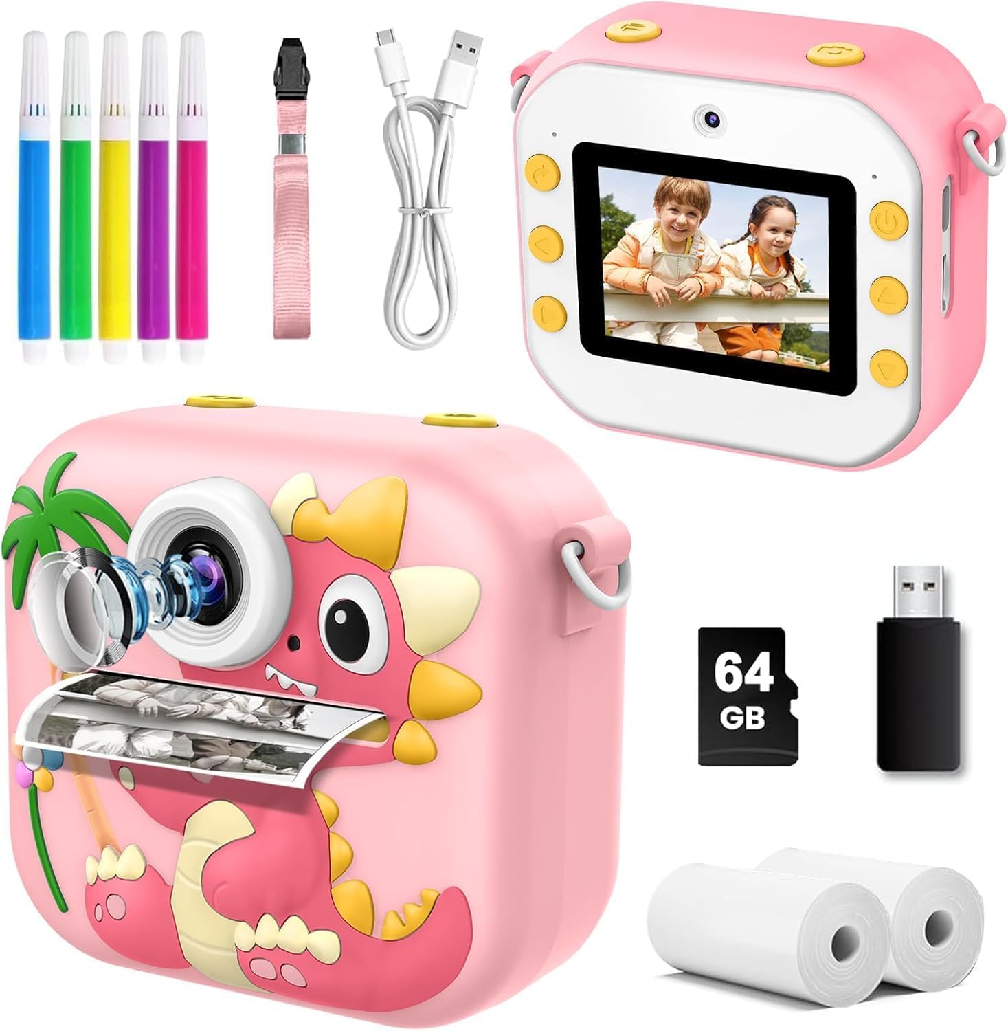 Kids Camera Instant Print, 64GB 1080P Dual-Lens Selfie Instant Cameras Video, 48MP Birthday Gifts Instant Print Camera for Kids with Print Paper,Gift for Girls Age 3 4 5 6 7 8 9 10 11 Toddler Toy