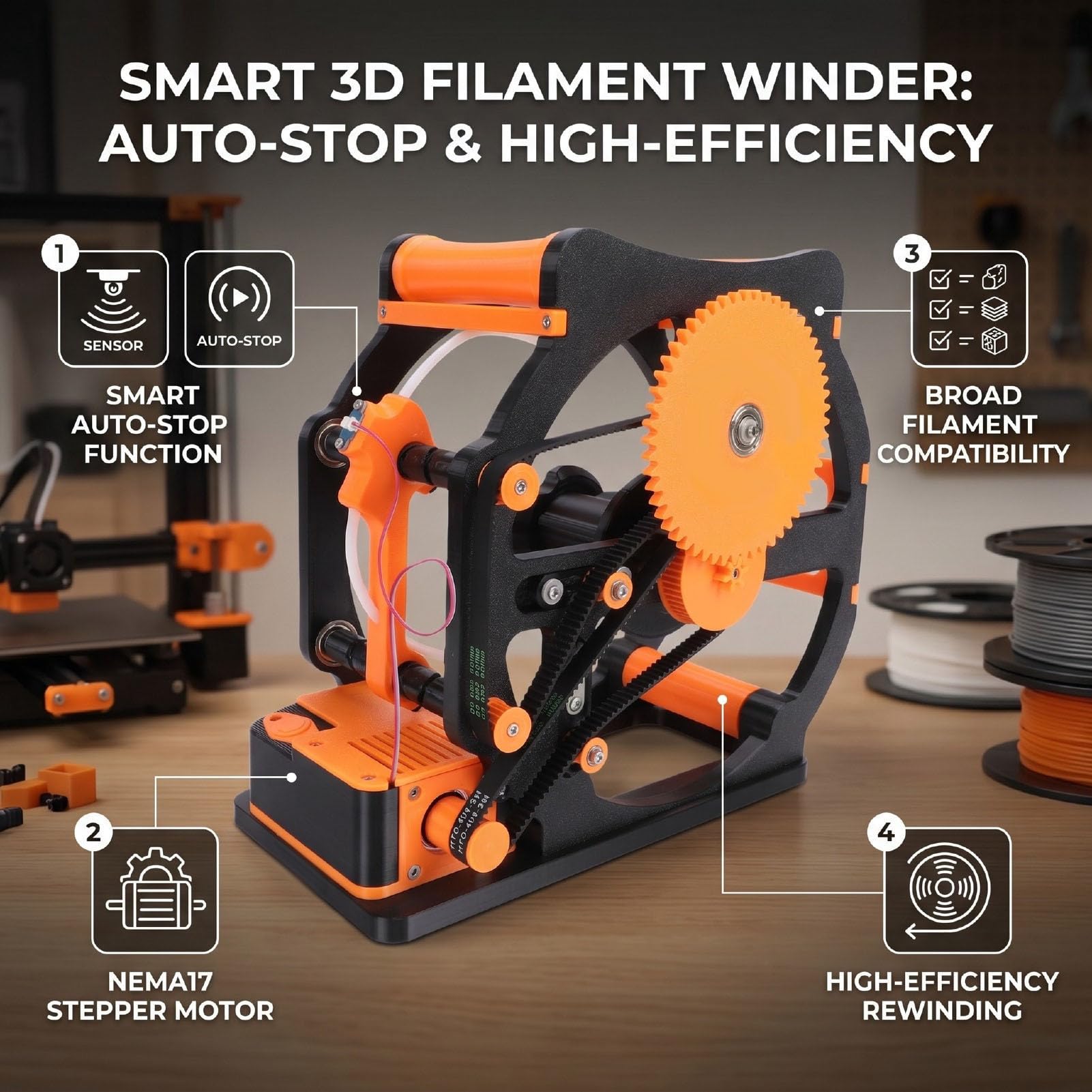 Annadue Elektryczny Nawijak żarnika 3D Auto Start Stop Silnik NEMA17 5-minutowy Szybkozwijający Nawijacz Szpuli 1 Kg Włókien do Wtyczki PLA PETG ABS UE (wtyczka UE)