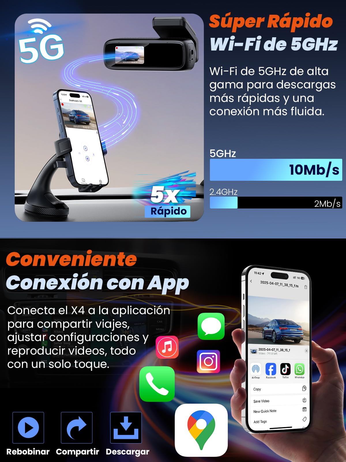 Dashcam Coche Delantera y Trasera, Cámara 4K+1080P, Wi-Fi 5G con Control vía App, Tarjeta SD 64GB, Visión Nocturna, Aparcamiento 24H, Sensor G, Gran Angular 170°, WDR, Instalación Fácil (X4)