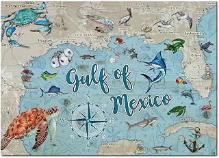 Gulf of Mexico Ocean Art Wood Wall Hanging Map Plank Wall Art | 11" X 16" | Artwork and Map Printed on a Quality Wood Plank for a Unique Home Décor | Ready to Hang & Fully Assembled | Perfect Gift