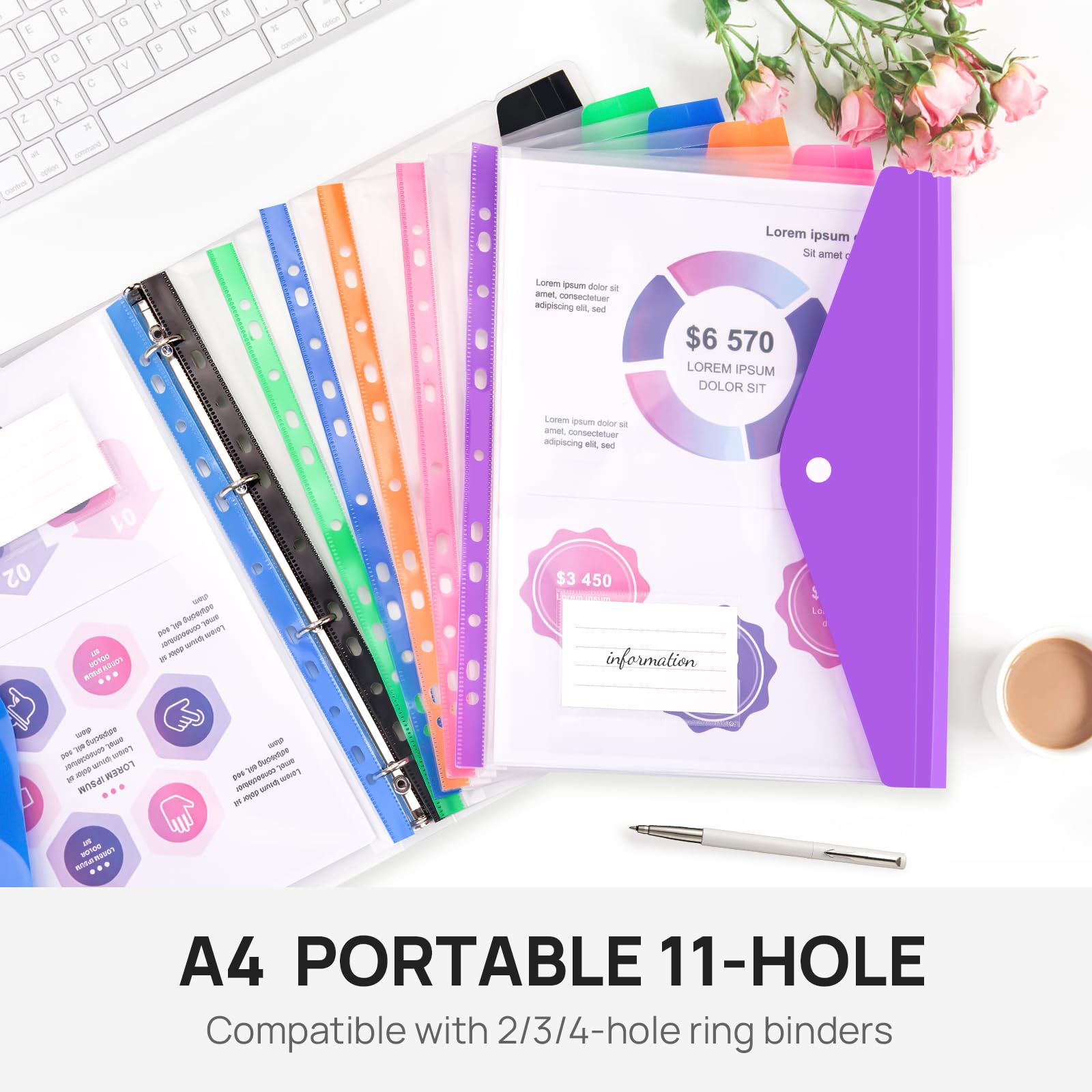 JEFURE A4 Plastic Wallets 12PCS, Colorful Punched Pockets, Expandable Plastic Folders with Label Pocket, Button and Ring Binders, Suitable for Office, School, Home - Image 3