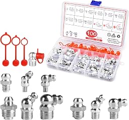 100 Pezzi Set di Ingrassatori Assortimento, Testine Ingrassatore Metriche M6 M8 M10 in Dritto e Angolato 45° 90° 180°, Raccordi per Grasso con Tappi in Plastica e Scatola per Attrezzature Meccaniche