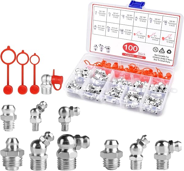 100 Pezzi Set di Ingrassatori Assortimento, Testine Ingrassatore Metriche M6 M8 M10 in Dritto e Angolato 45° 90° 180°, Raccordi per Grasso con Tappi in Plastica e Scatola per Attrezzature Meccaniche
