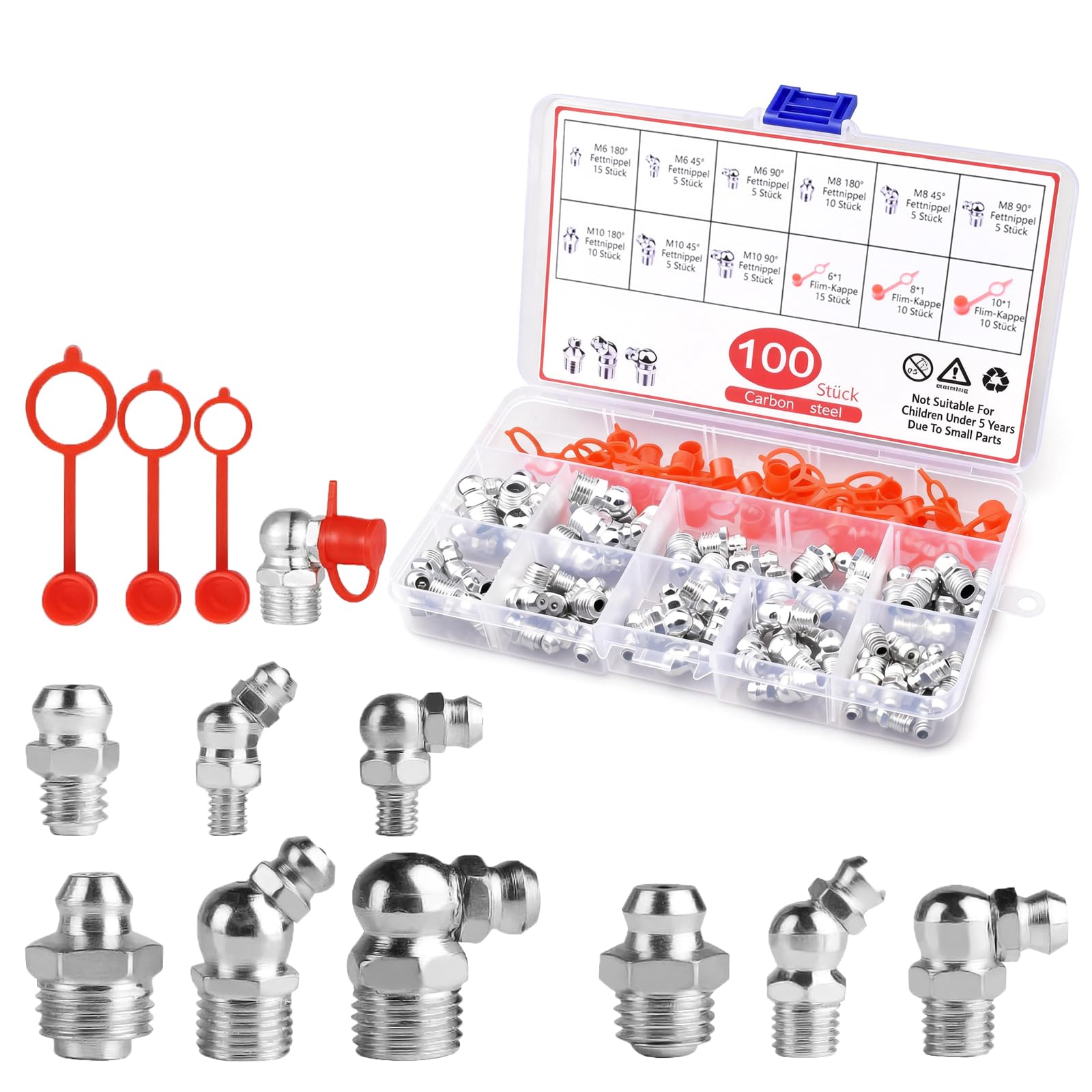 100 Pezzi Set di Ingrassatori Assortimento, Testine Ingrassatore Metriche M6 M8 M10 in Dritto e Angolato 45° 90° 180°, Raccordi per Grasso con Tappi in Plastica e Scatola per Attrezzature Meccaniche