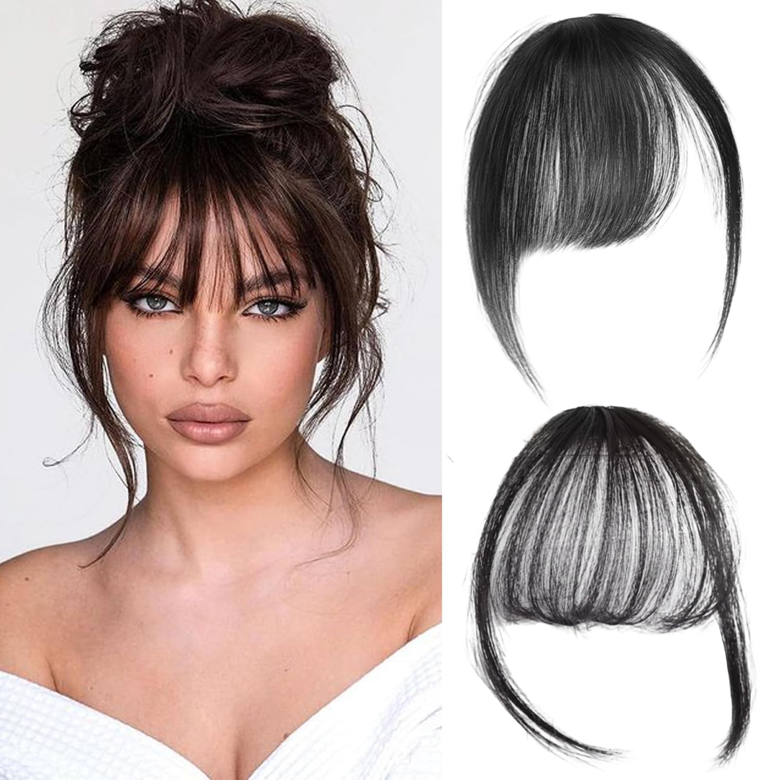 Front Hair Extensions for Women, Bangs Hair Extensions for Women, 2-Pack Fake Bangs with Sideburns, Natural Black High-Temperature Fiber for Daily Styling & Special Occasions