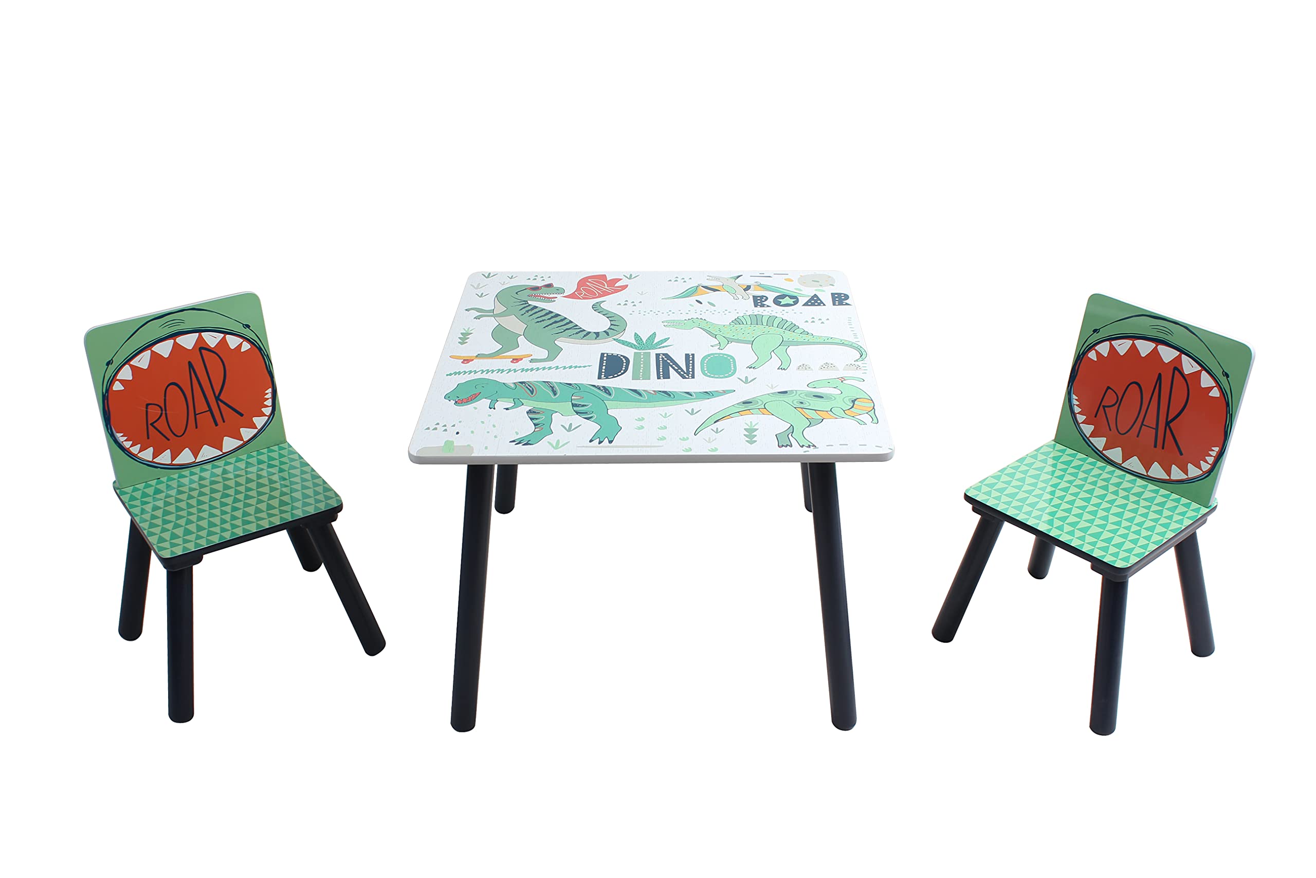 HOP - Home Elements Dinosaur Design Kids Wood Table & 2 Chair Set, Ideal for Arts & Crafts, Snack Time, Homeschooling, Homework & More - Durable & Sturdy