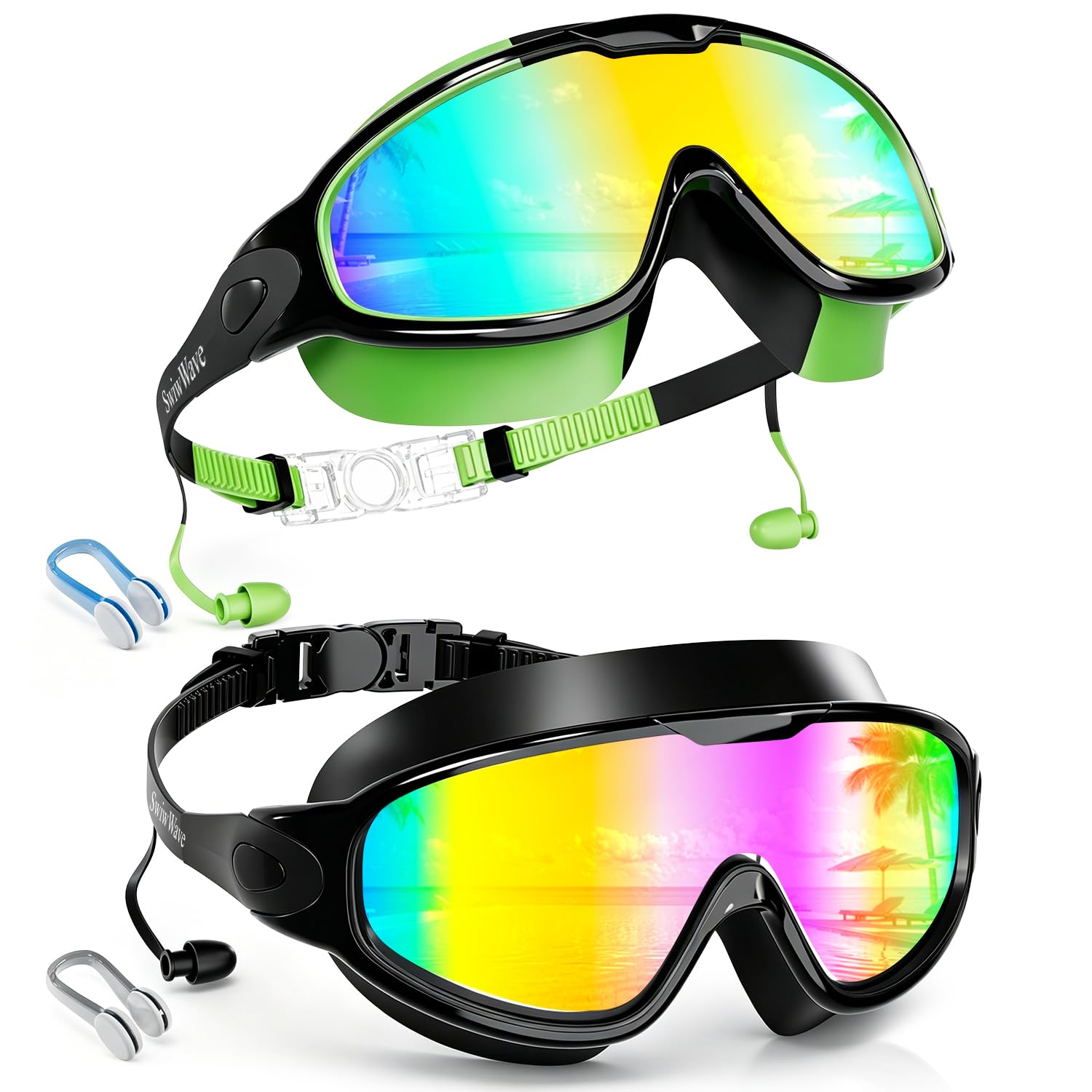 SwiwWave Wide View Swim Goggles 2 Pack for Kids 3-14 Anti-Fog with Earplugs