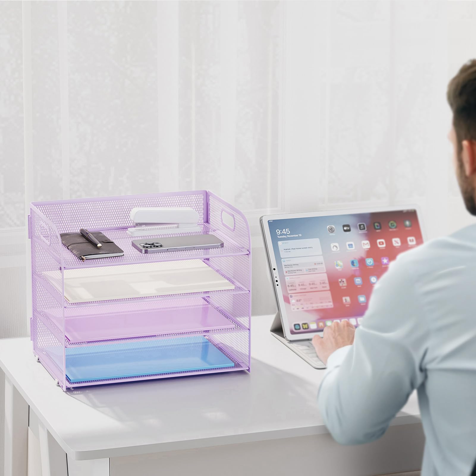 Marbrasse Vassoi da Scrivania,Porta Documenti Organizer Ufficio 4 Livelli con Maniglia, Vassoio in Rete per Portaoggetti Scrivania, Ufficio, Casa, Archivio A4, Archiviazione Accessori(Viola)