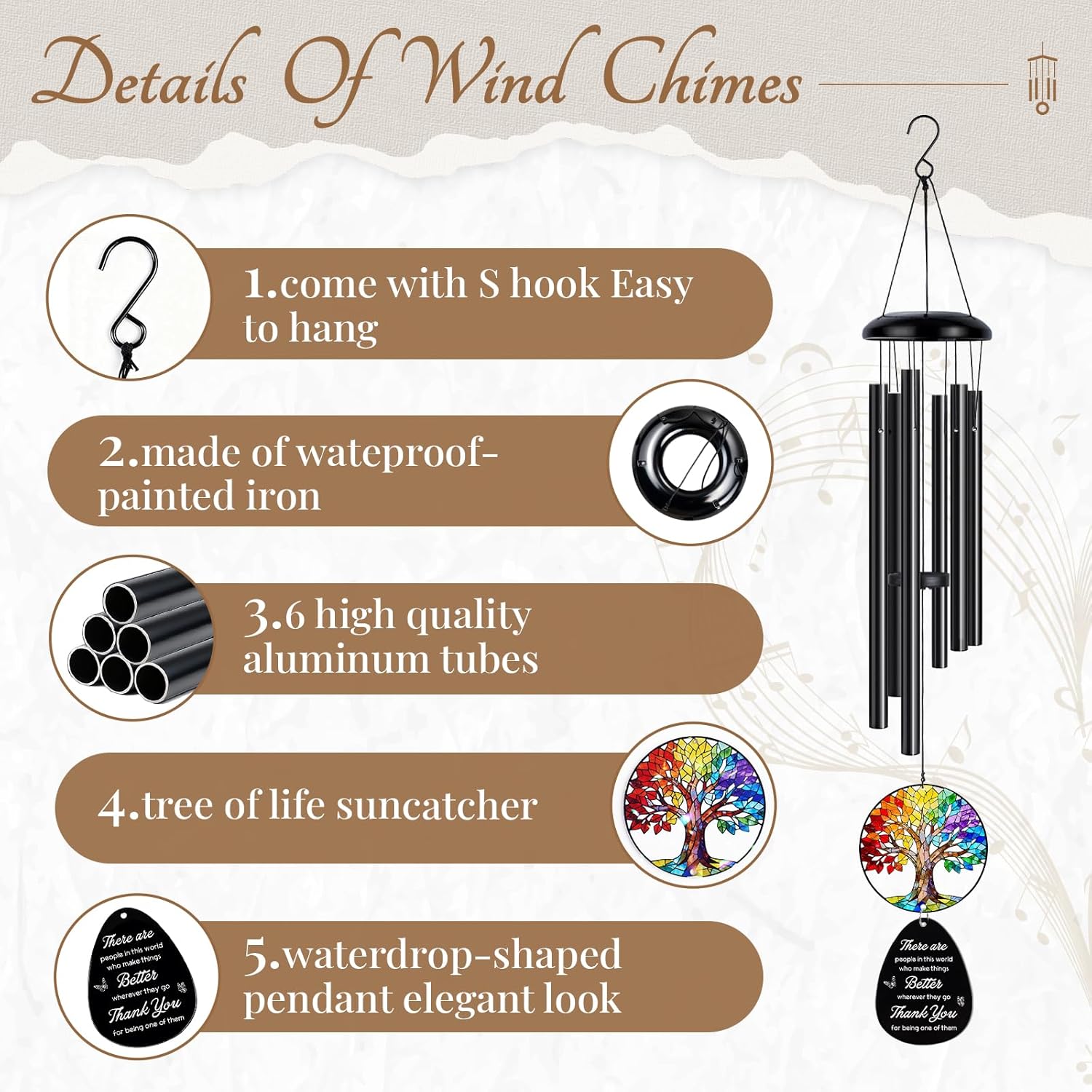 Thank You Gifts for Women Men, Christmas Appreciation Gifts for Teacher, Pastor, Coworker, Nurse - Thanksgiving Day Gift for Family, Unique Thank You Wind Chimes - Image 3