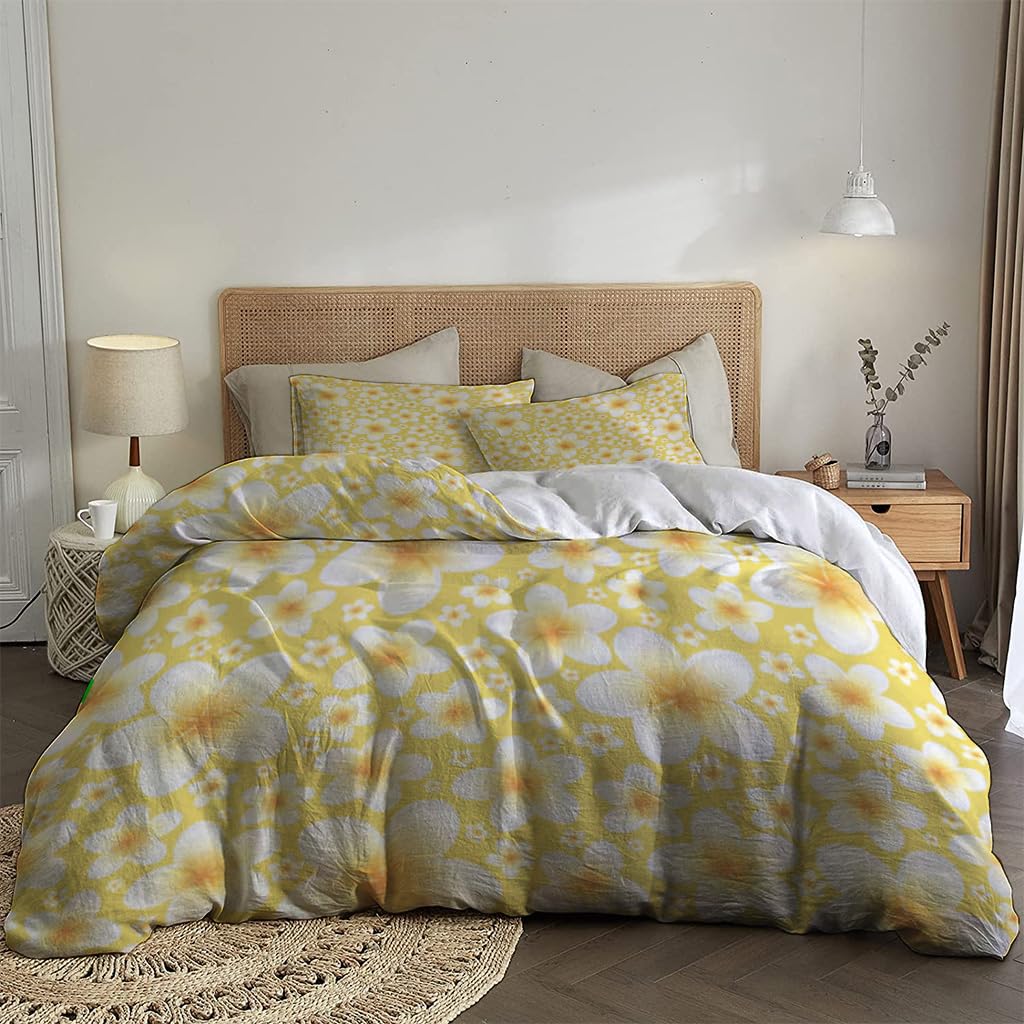 NIBAINLO 布団カバープルメリアの水彩画の花、黄色と白の色 肌に優しい ピーチスキン加工 掛け布団カバー 和式 洋式 あったか 布団カバーセット リバーシブル ホームステイ ホテル 家庭兼用
