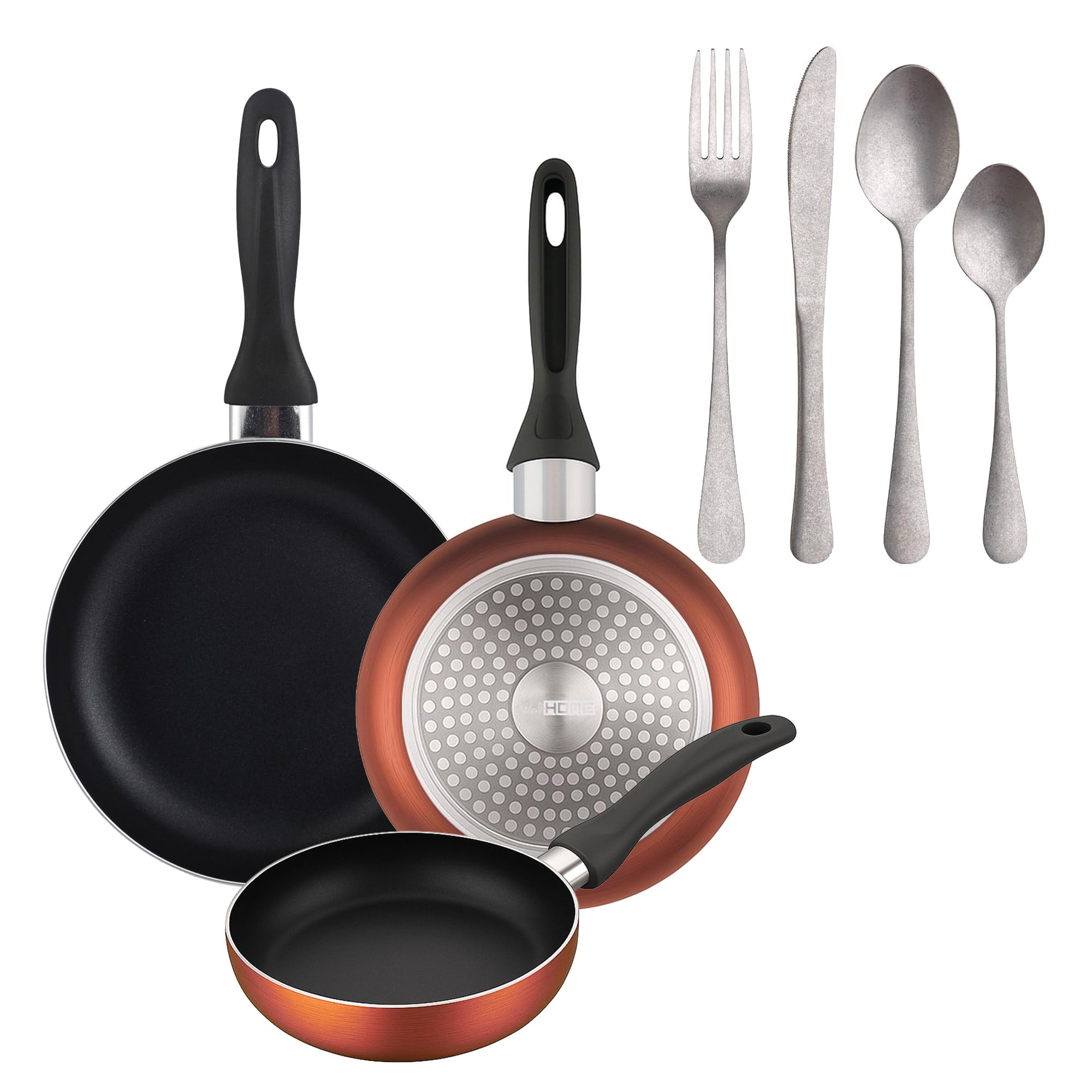 Lot de 3 poêles en aluminium et 16 couverts en acier inoxydable