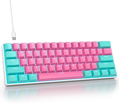 surmen Teclado mecánico 60% para juegos con interruptor rojo lineal, mini teclado rosa de 61 teclas para juegos con luz LED, teclas PBT
