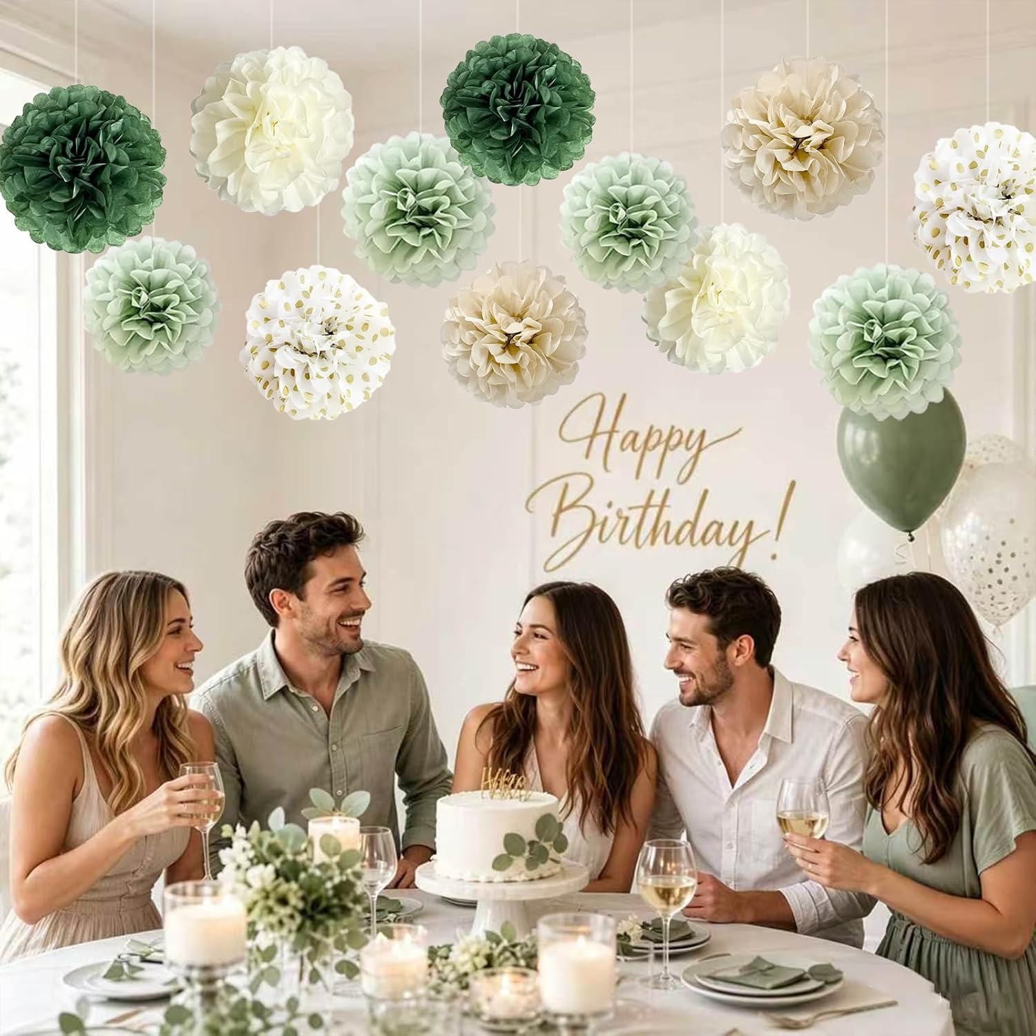 12 PCS Sage Green Tissue Paper Pom Poms, Boho Paper Flower Balls with Gold Polka Dots Hanging Decorations for Wedding Birthday Bridal Shower Baby Shower Wild Safari Jungle Botanical Greenery Party