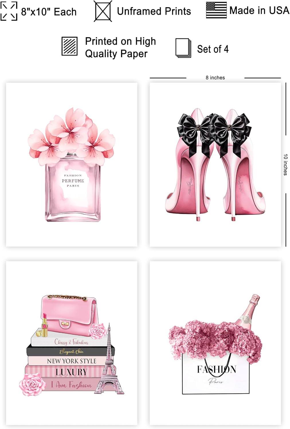 Poster Master 4-Piece Fashion Print - Pink Designer Poster - Handbag, Shoes & Perfume Art - Chic Gift for Her & Fashionista - Glamour Decor for Bedroom or Girl's Room - 8x10 UNFRAMED Wall Art
