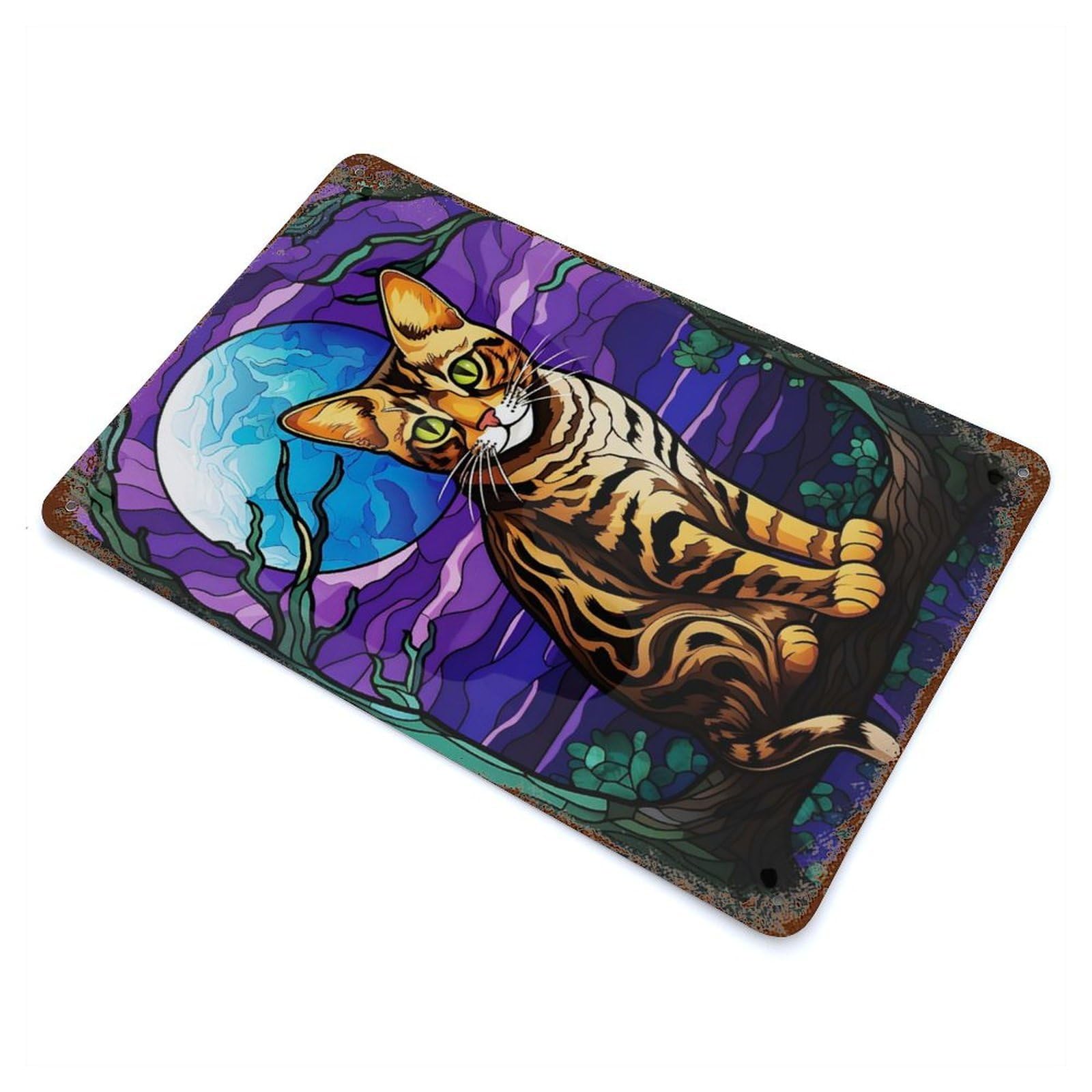 Bengal Cat in The Wild Aged Metal Wall Plaque 11.8"x7.9", for Living Room, Hallway And Home Decor, Shabby Chic Decor