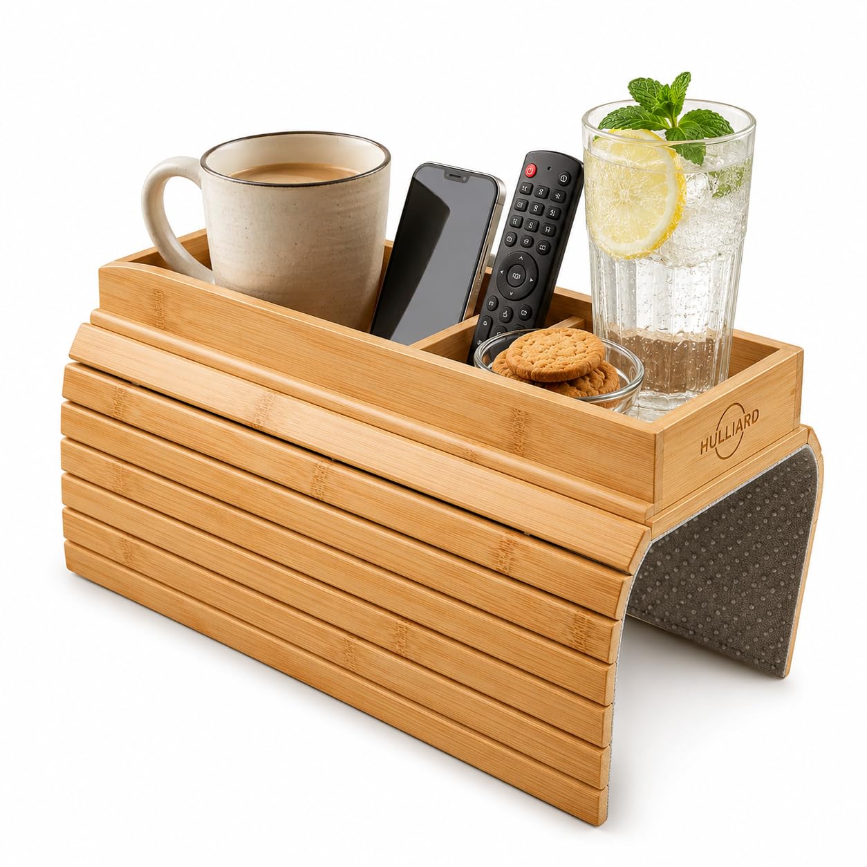 Bandeja de bambú para reposabrazos de sofá, bandeja plegable con portavasos desmontable, mesa antideslizante 2 en 1 para bebidas, teléfono, control remoto de TV, aperitivos