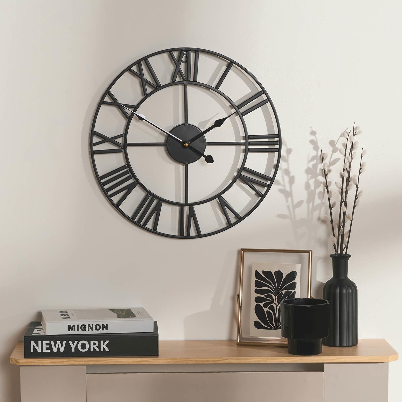 OHS Large Wall Clock - Roman Numerals - Skeleton - Big Open Round Face - Black