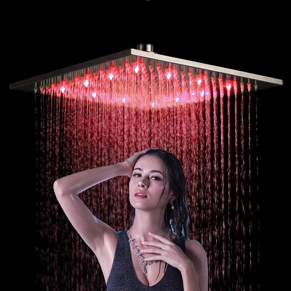 NeierThodore Bathroom LED Changing Color 16-inch Square Rainfall Shower Head Overhead Sprayer,Brushed Nickel